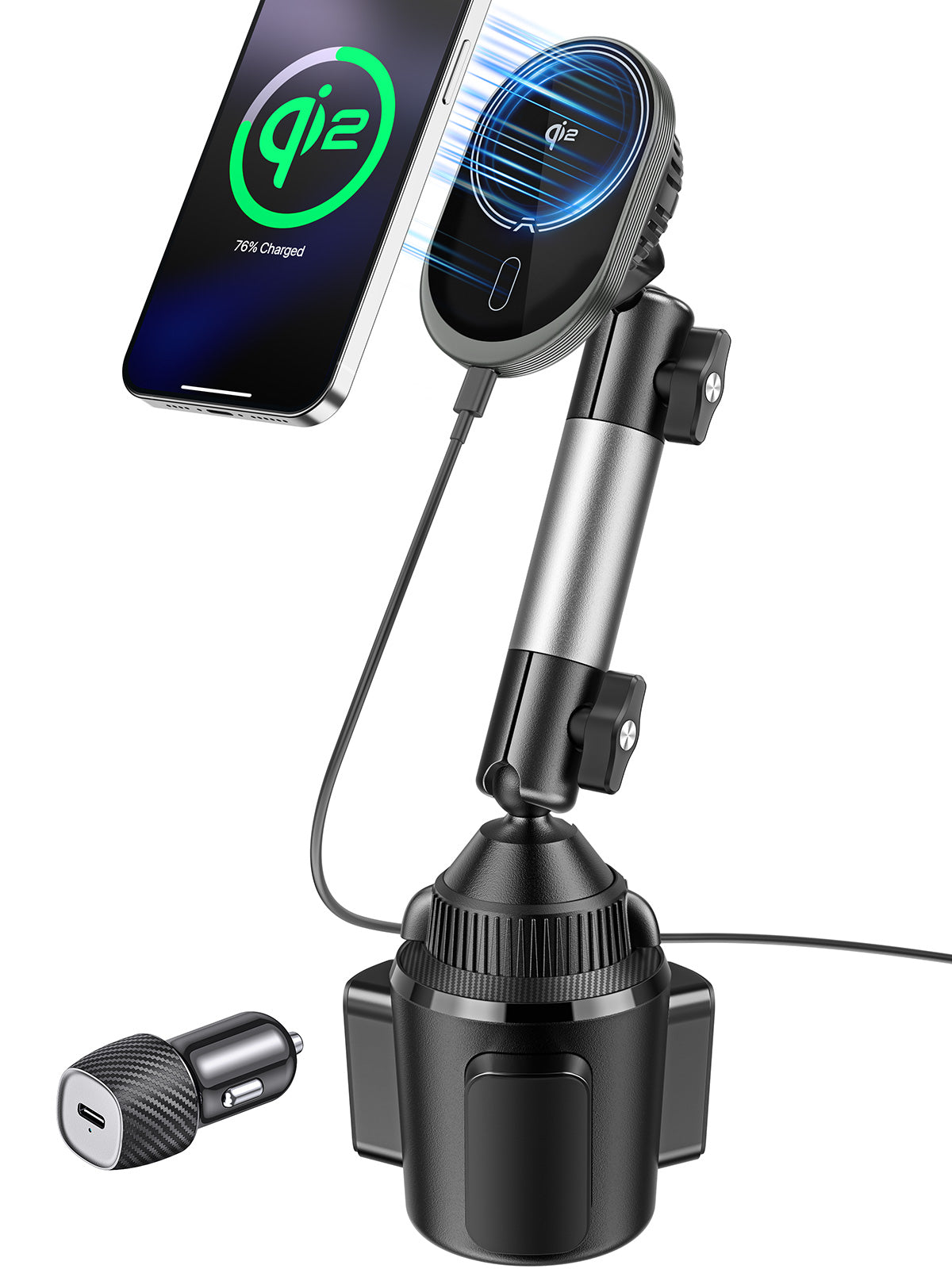 A2C for Magsafe Car Mount Charger, QI2 15W Wireless Fast Charging Cup Holder Phone Charger - Dual Cooling System, Aluminum Alloy Tri-Pivot Arm, 18 N54 Strong Magnets for iPhone 17/16/15/14/13/12 Only A2C