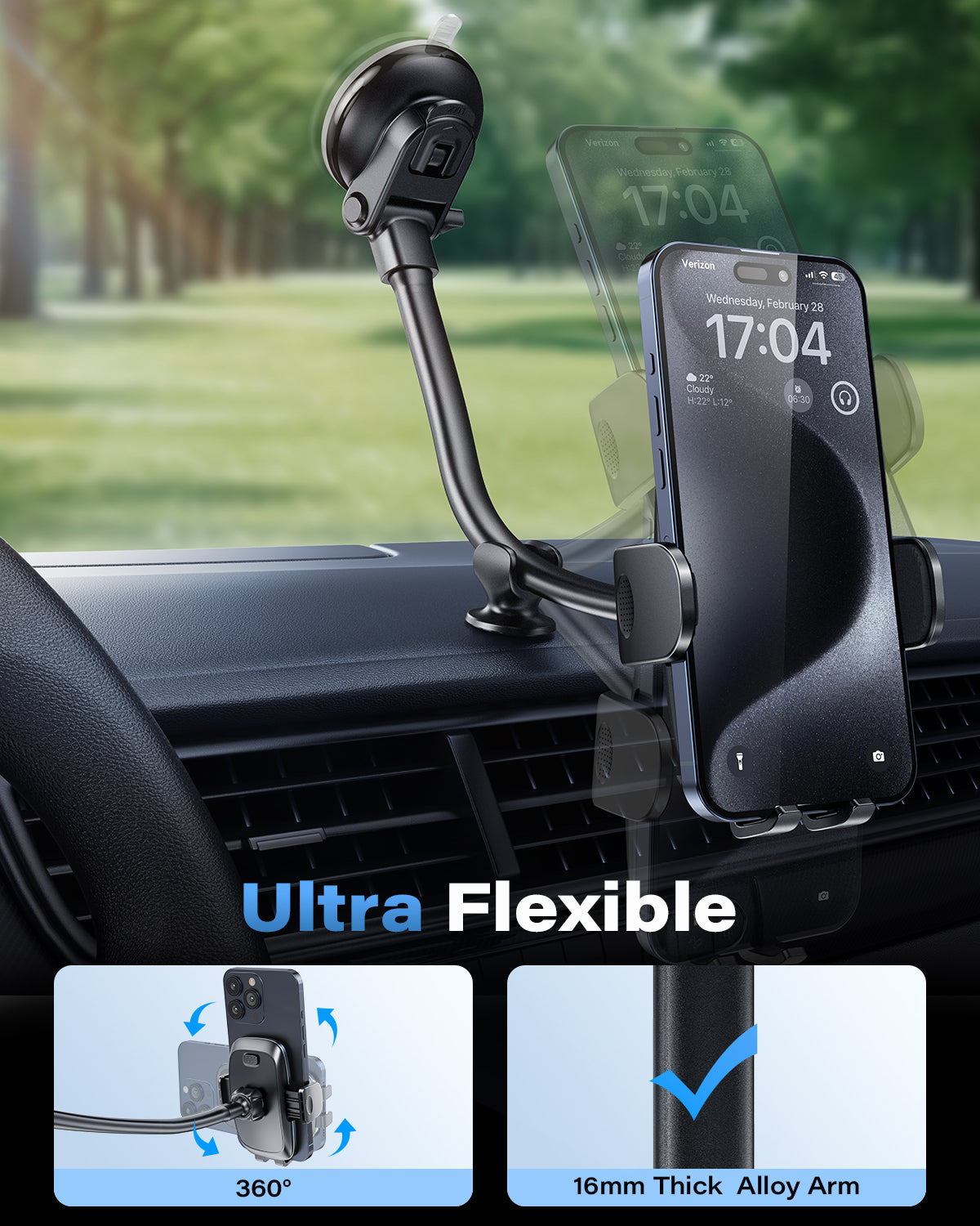 APPS2Car 14'' Gooseneck Car Phone Holder,Heavy Duty Phone Holder for Truck, [Flexibile Long Arm] [Anti Shake stabilizer] Windshield Car Phone Mount Suction Cup,Fit for iPhone, Samsung (Mirror Black) A2C