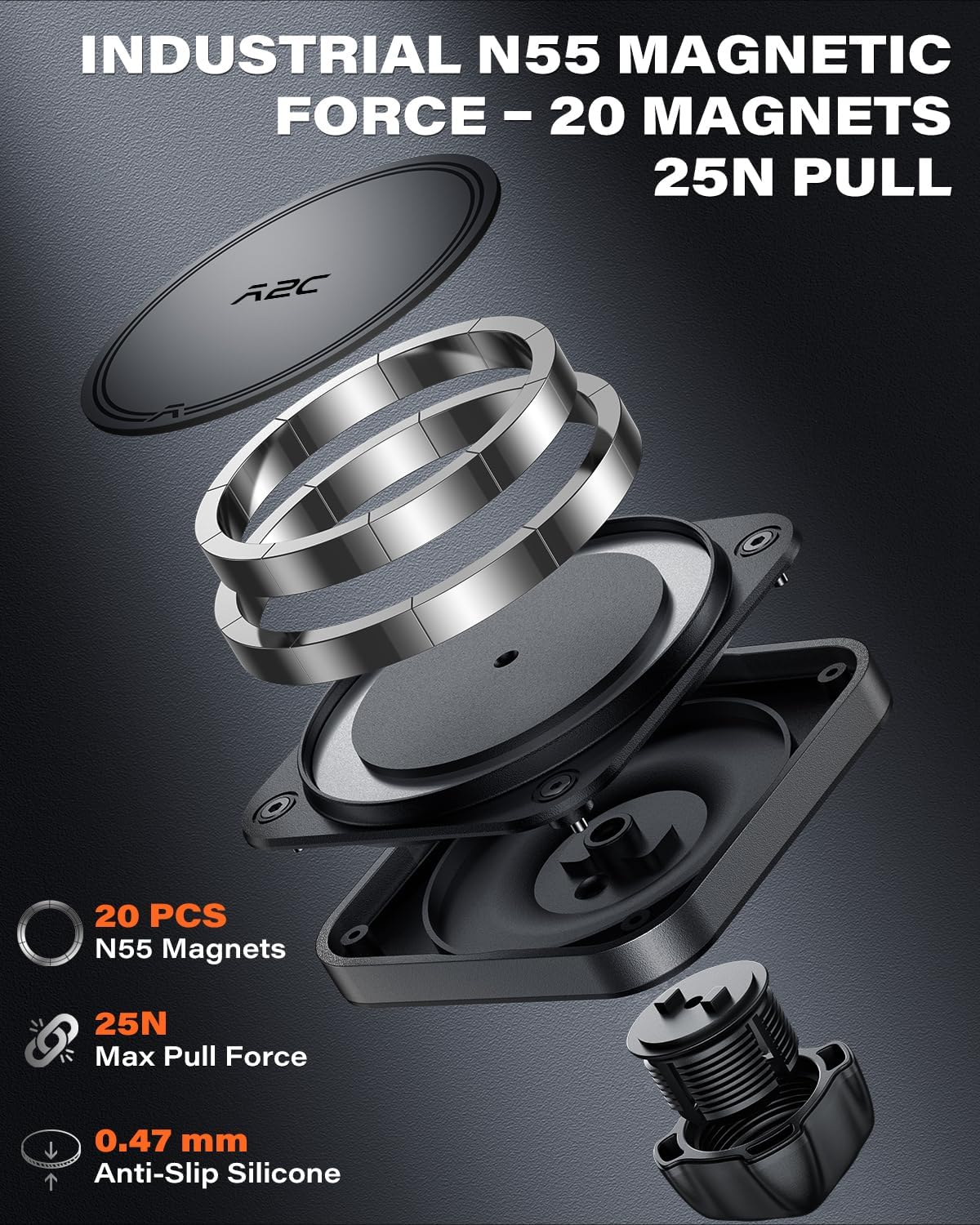 APPS2Car Heavy Duty Magnetic Car Mount with Gel Suction Cup A2C
